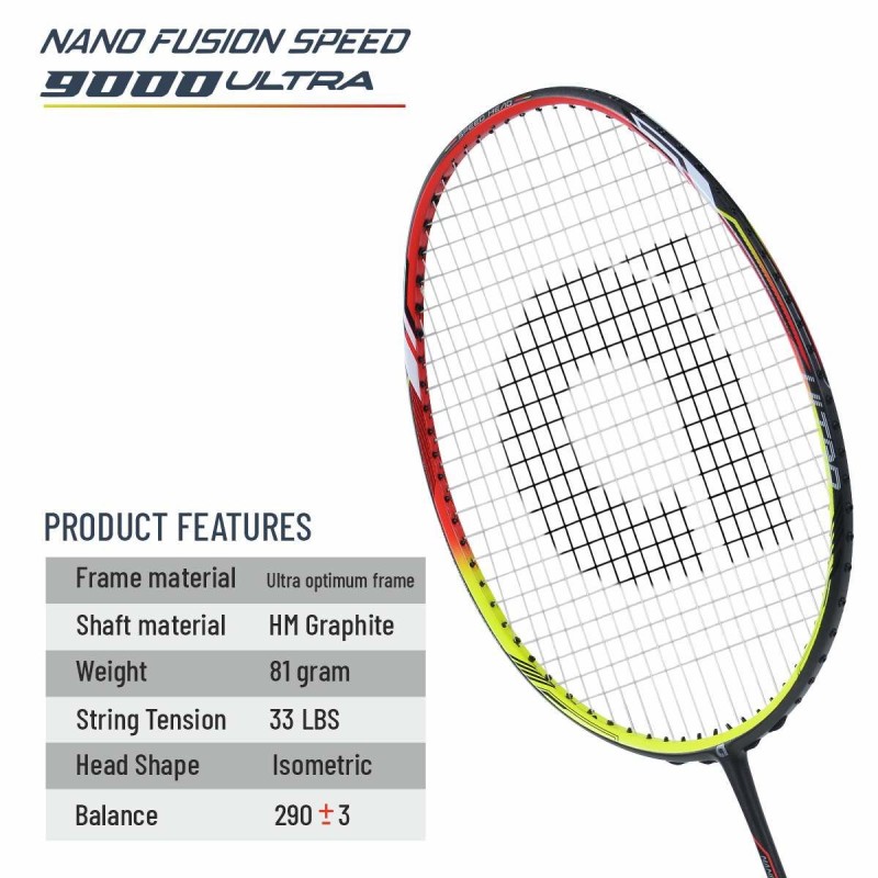 APACS Nano Fusion Speed 9000 Ultra Badminton Racquet (Unstrung, Yellow/Red)