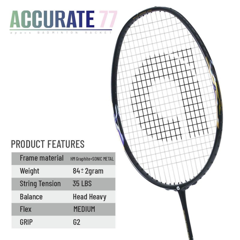 APACS Accurate 77 Badminton Racquet (Unstrung, Black Glossy)