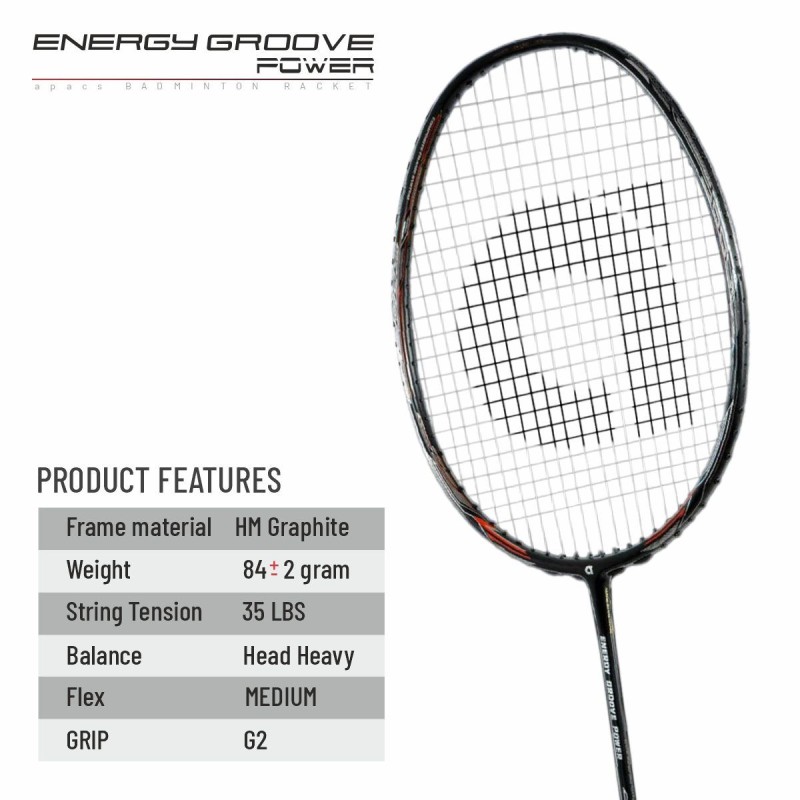 APACS Energy Groove Power Badminton Racquet (Unstrung, Black)