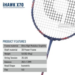 APACS iHawk X70 Badminton Racquet (Unstrung, Navy)