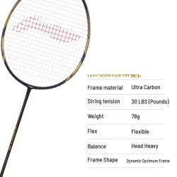 LI-NING Windstorm 78+ Badminton Racquet (Black/Gold, Unstrung)